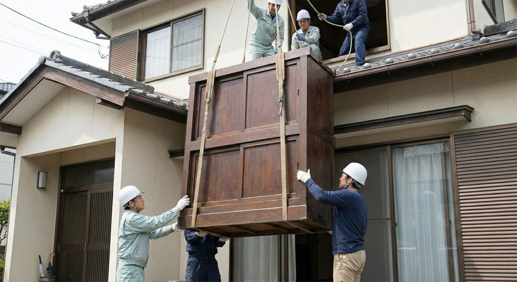 タンスを窓から運び出すプロの仕事
